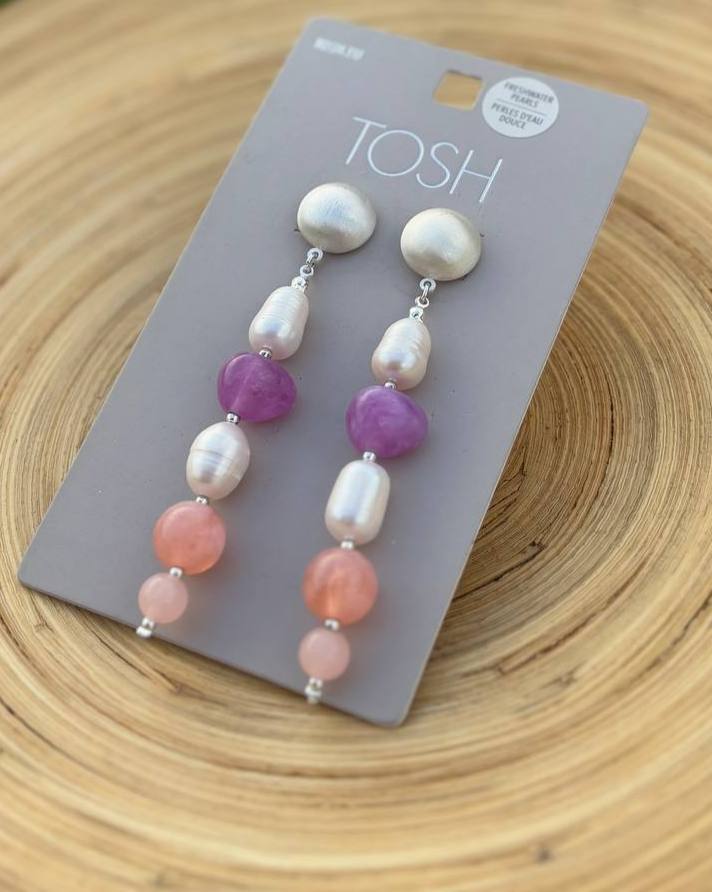 گوشواره آویز بلند سنگ و مروارید پرورشی - چند رنگ